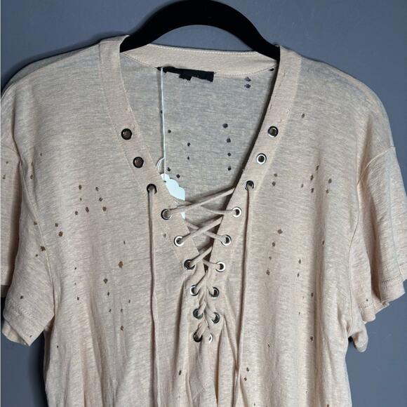 Olivaceous Light Pink Short Sleeve Distressed Top With Lace Up Detail Size Lg - Picture 3 of 6